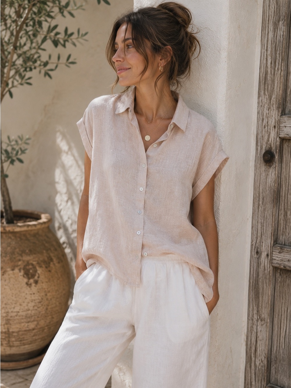 Tahari 100% Organic Linen Button Front Shirt Blush Pink Short Sleeve Medium